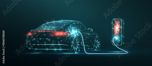 EV. Electric car connect to charging station. Eco power, EV charger, green vehicle, alternative energy, rechargeable battery, auto industry, future technology, hybrid concept. Low pole plygon


