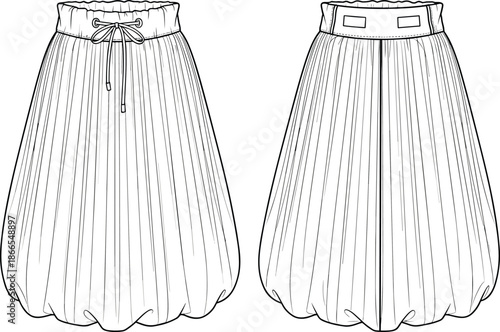 Pleated balloon skirt fashion sketch, front and back view, technical drawing, gathered hem, waistband detail, vector template, apparel design
