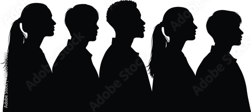 Silhouette people side view, diverse male female profiles, unity concept, anonymous crowd, black vector illustration, social identity, teamwork, equality, inclusion