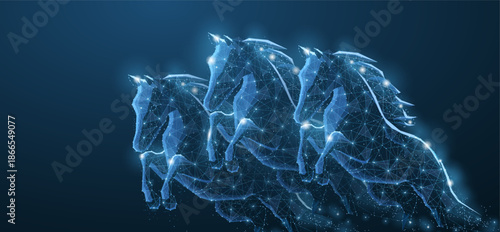 Jumping race horses. Low pole. Horse riding, equestrian sport, good luck, digital technology, fortune symbol. Sport background, bet win, dream horses, derby win, competition concept.

