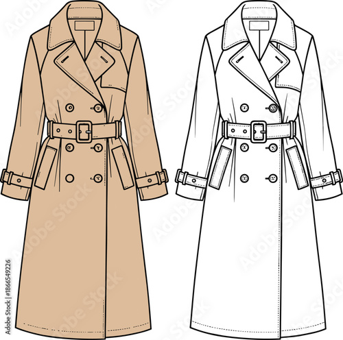 Trench coat fashion sketch, technical garment drawing, vector apparel illustration, flat sketch outerwear, coat design template, CAD fashion art