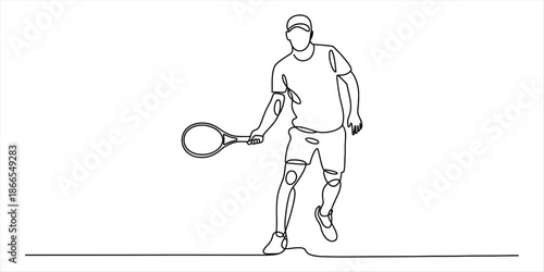Continuous line drawing of a tennis player in action Vector, illustration