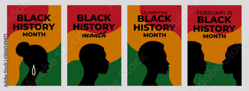 Set of modern Black History Month posters with powerful silhouettes and cultural colors. Perfect for education, social media, campaigns, events, presentations and diversity awareness projects.