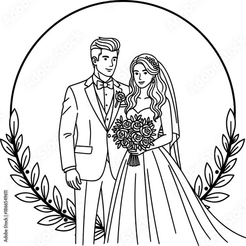 A black and white illustration of a smiling bride and groom standing together in a romantic pose with a floral wreath around them on their wedding day