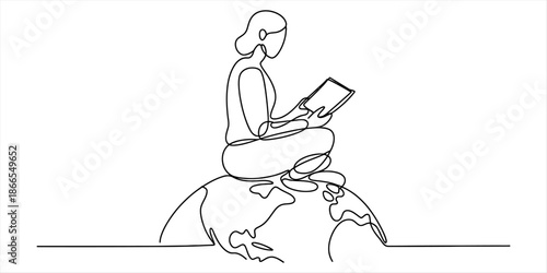 A continuous line drawing of a person reading a book while sitting on top of the earth Vector, illustration