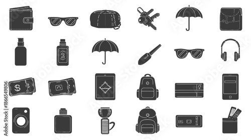 Everyday personal belongings and travel accessories flat silhouette icon set. Common items, luggage, and essential vector collection.