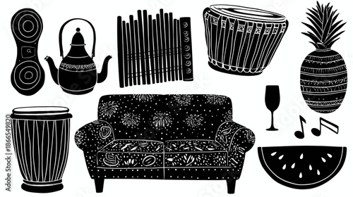 Eclectic Black and White Silhouettes of Musical Instruments, Tropical Fruits, and Home Decor Items Vector Art Collection