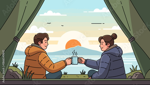 Couple Enjoying A Cup Of Coffee While Camping At Sunrise By The Lake