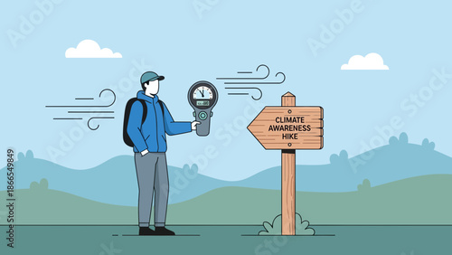 Climate Awareness Walk With Portable Anemometer Promoting Environmental Responsibility