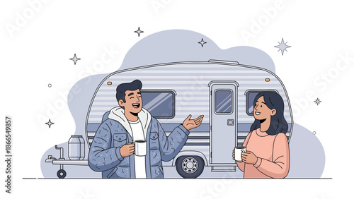 Couple Enjoying Coffee While Camping in a Recreational Vehicle in Nature