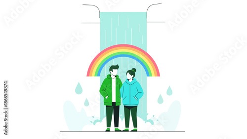 Couple Enjoying Rainbow Over Waterfall Exploring Nature Together Peaceful Scenery