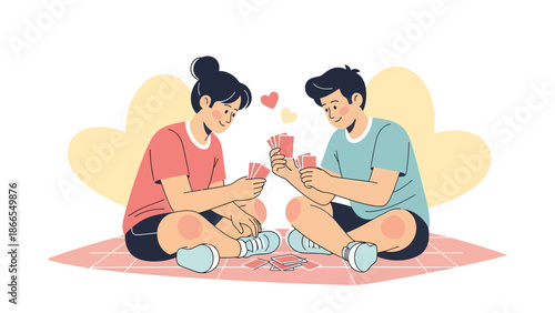 Couple Enjoying Relaxing Card Game Together Indoors Sitting On Floor