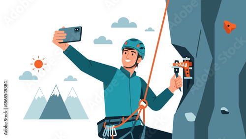 Climber Man Captures Moment By Smartphone On A Mountain Rock Adventure