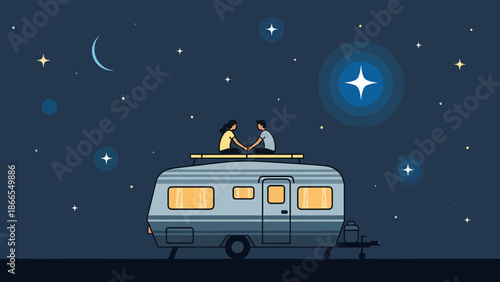 Couple Enjoying Starry Night On Top Of Their Camper Van Illustration