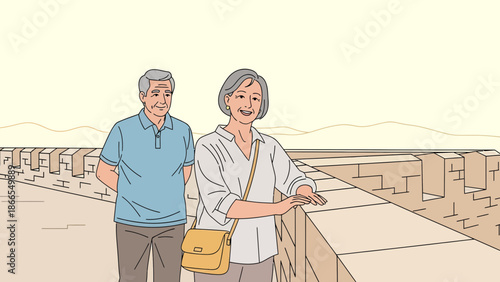 Couple Enjoying Vacation On The Great Wall Of China Illustrative Style