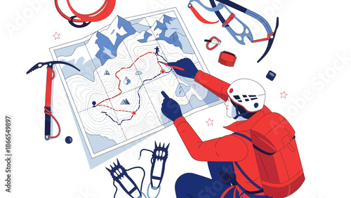 Climber Plans Mountain Ascent Route with Map and Gear Illustration