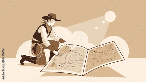 Cowboy Planning Expedition With Open Map In Desert Landscape