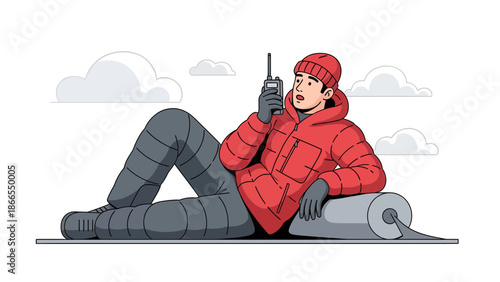 Communicating Outdoors Man In Red Jacket Using Walkie Talkie Cartoon Illustration