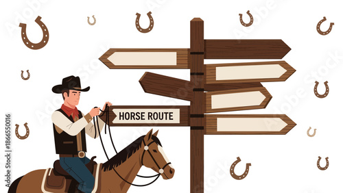 Cowboy Riding Horse At Wooden Signpost Showing Horse Route Direction