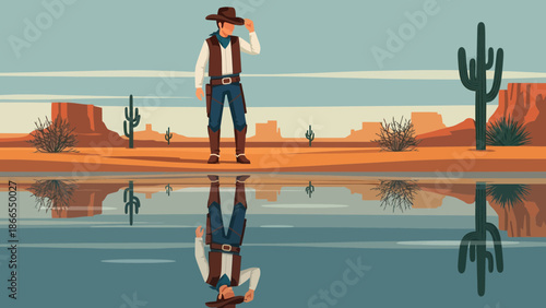 Cowboy Saluting In The Desert With Mirror Reflection In Tranquil Water