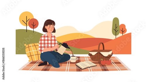 Cozy Autumn Picnic Scene With Woman Pouring Coffee In Nature Illustration