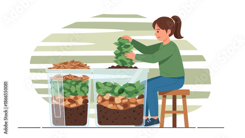 Composting At Home Woman Creating A Compost Heap In Containers Illustration