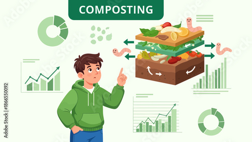 Composting Education Diagram With Cartoon Boy And Organic Waste Layered Method
