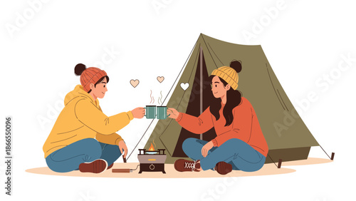Cozy Camping Adventure Two Female Friends Enjoying Hot Beverages Near Tent