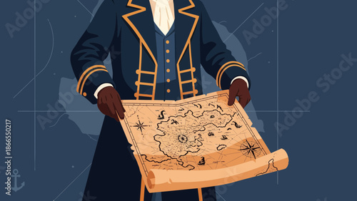 Confident Captain Holds Ancient Treasure Map For Adventure On The High Seas