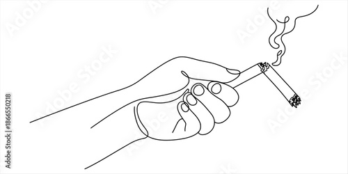 A minimalist single-line illustration showing a human hand grasping a lit cigarette with smoke rising Vector, illustration