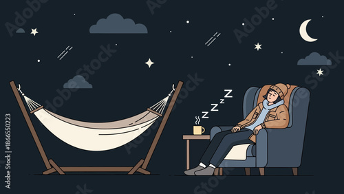 Cozy Evening Nap Relaxation Under Starry Night With Hammock And Warm Beverage