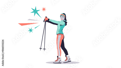Confident Woman Posing With Ski Poles in Active Winter Apparel Outdoors