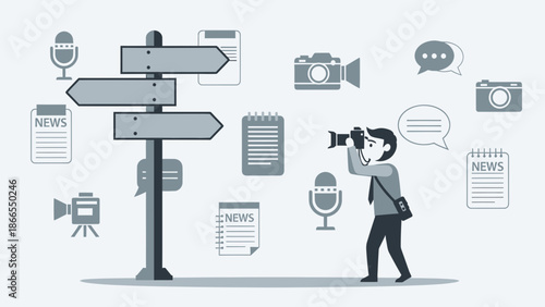 Conflicting Information Sources Represented By A Signpost With A Photographer