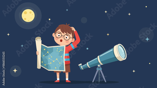 Confused Boy Stargazer Trying To Read A Star Map Near His Telescope