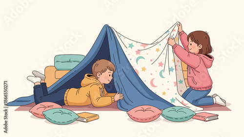 Cozy Indoor Adventure Two Kids Constructing A Blanket Fort At Home
