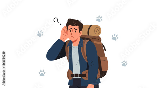 Confused Hiker Following Paw Prints Lost in Wilderness Adventure Concept