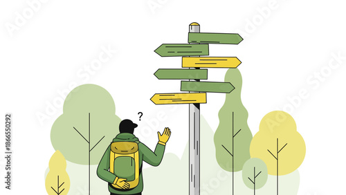 Confused Hiker Looking At Directional Signpost In Forest Outdoor Adventure Illustration