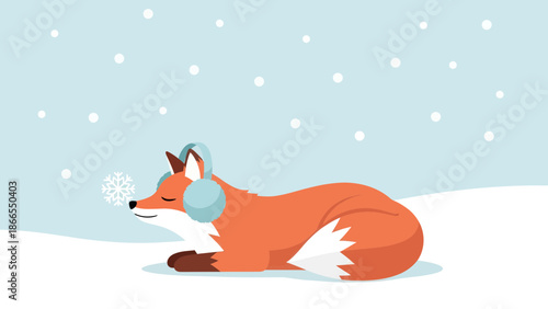Cozy Winter Fox Snuggled In Snow With Headphones As Snowflake Lands On Its Nose