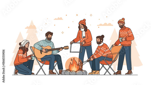 Cozy Winter Gathering Friends Enjoying Guitar Marshmallows Bonfire Outdoors