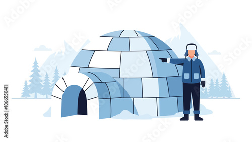 Construction Expert Near Igloo Built In Remote Winter Landscape Illustration