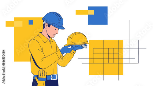 Construction Worker Inspecting Hard Hat With Abstract Geometric Background Elements