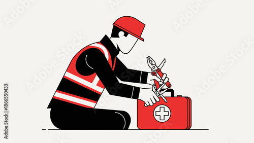 Construction Worker Inspecting Tools On First Aid Kit In Workplace Safety Context