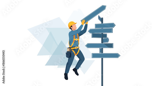 Construction Worker Installing Directional Sign Giving Guidance Or Direction Concept