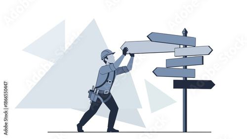 Construction Worker Installing Directional Sign Post For Different Destinations