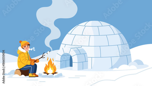 Cozy Winter Scene Man Roasting Marshmallows By Fire Outside an Igloo