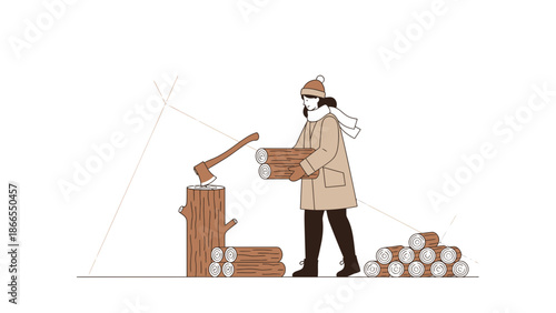 Cozy Winter Illustration Of Woman With Logs For Home Heating Preparation