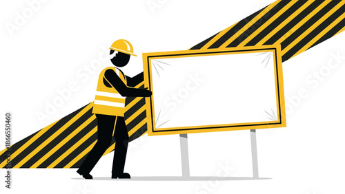 Construction Worker Holding Billboard With Hazard Stripes On A White Background