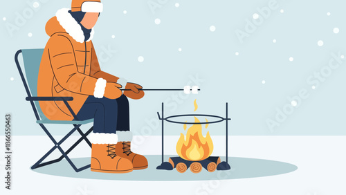 Cozy Winter Scene Featuring Person Roasting Marshmallows By Campfire Outdoors