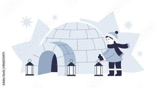 Cozy Winter Scene Featuring Kid With Lantern And Igloo Illustration