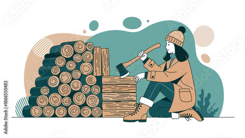 Cozy Winter Scene Of A Woman Chopping Wood By A Stack Of Firewood